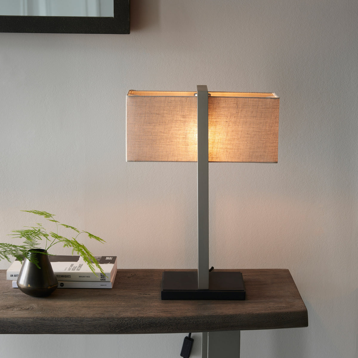 Gallery Direct Duval Table Lamp Satin Nickel, styled in a room setting