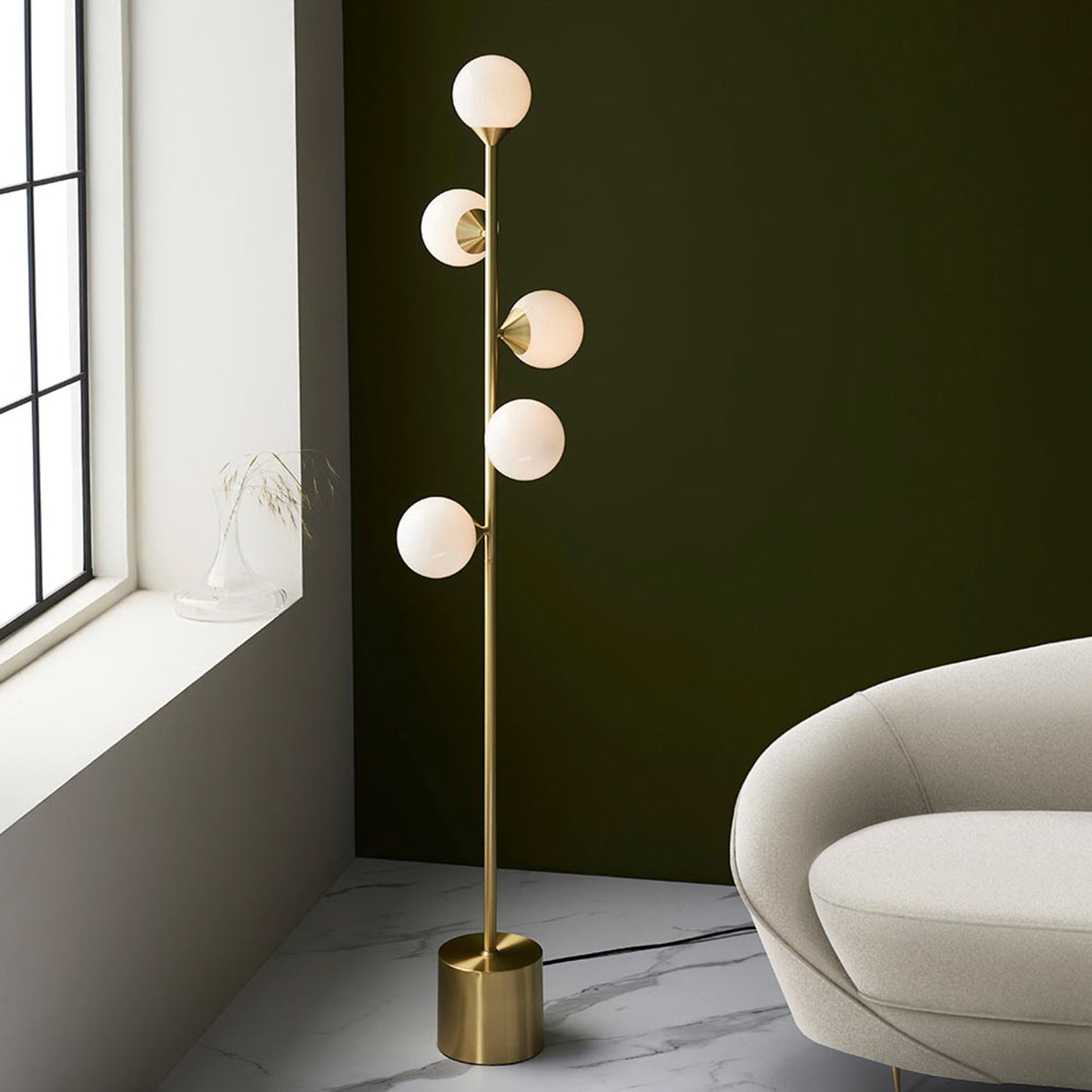 Gallery Direct Estelle 5 Floor Lamp Satin Gold, styled in a room setting