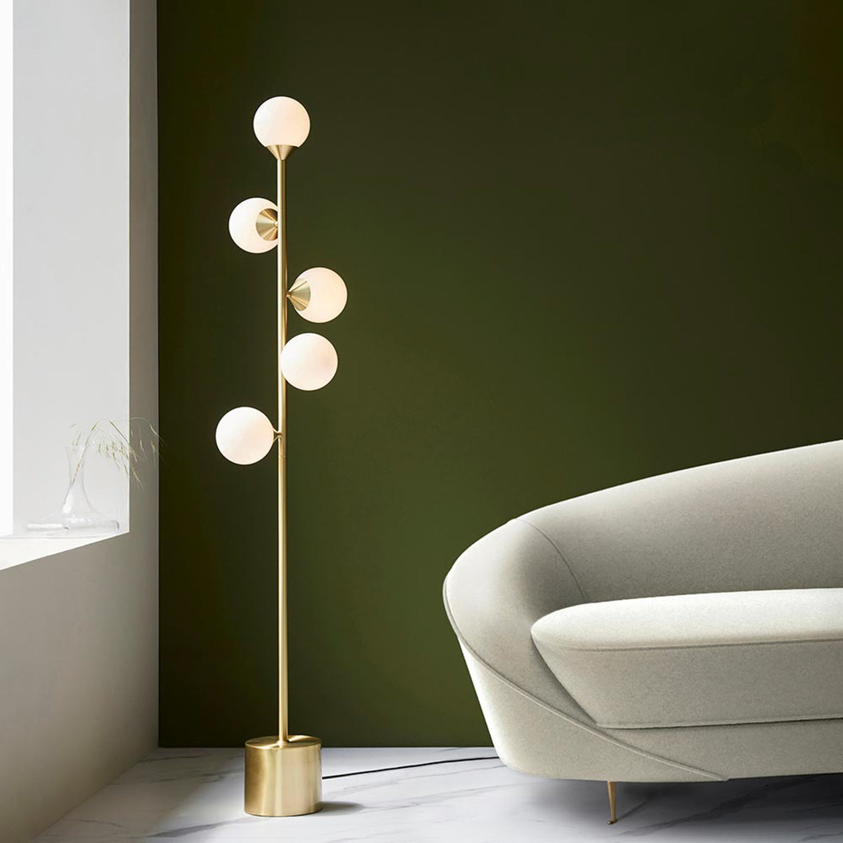Gallery Direct Estelle 5 Floor Lamp Satin Gold, styled in a room setting