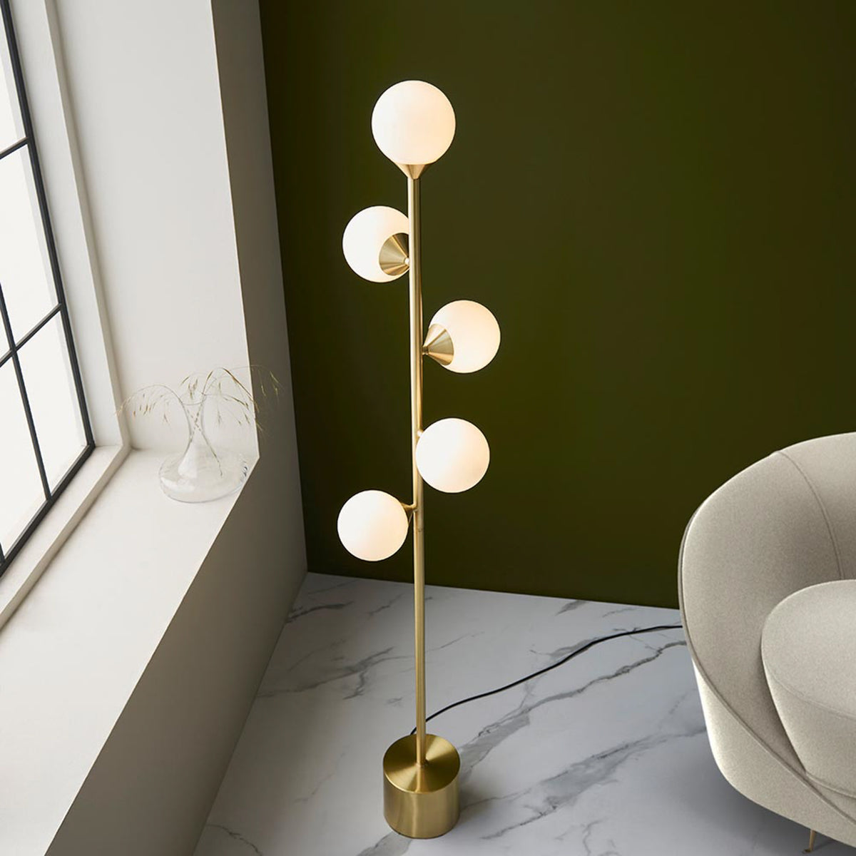 Gallery Direct Estelle 5 Floor Lamp Satin Gold, styled in a room setting