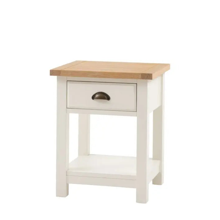 Gallery Direct Eton Single Drawer Bedside table in white painted wood with a natural oak effect table top and metal handle