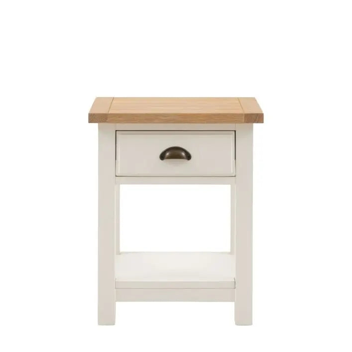 Gallery Direct Eton 1 Drawer Bedside Table with a lower shelf, constructed in White painted wood with a natural oak effect table top