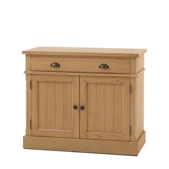Gallery Direct Eton Sideboard in natural oak wood and veneers features 2 cupboard doors and 1 top drawer with metal handles