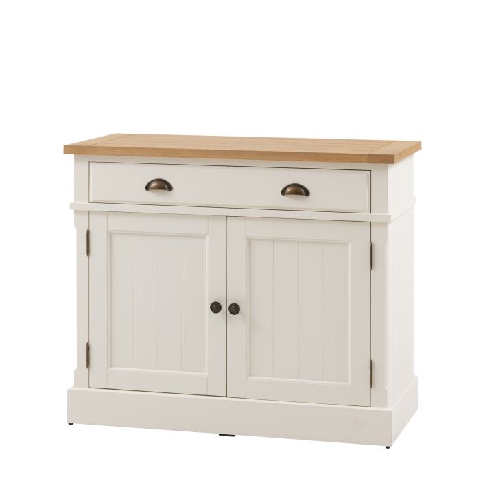 Gallery Direct Eton 2 Door 1 Drawer Sideboard in White wood with grooved panels, metal handles and a natural oak veneered top
