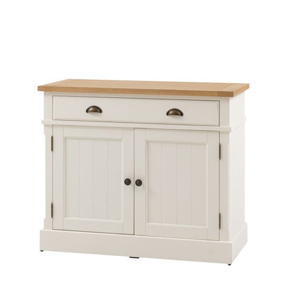 Gallery Direct Eton 2 Door 1 Drawer Sideboard in White wood with grooved panels, metal handles and a natural oak veneered top
