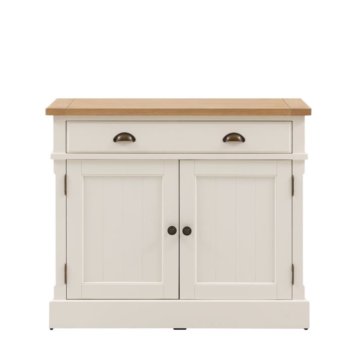 Gallery Direct Eton 2 Door 1 Drawer Sideboard in White wood with grooved panelled doors, metal handles and natural oak veneered top