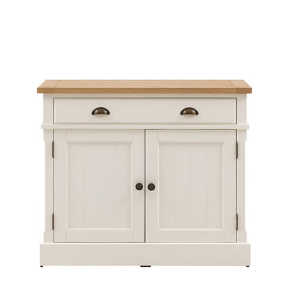 Gallery Direct Eton 2 Door 1 Drawer Sideboard in White wood with grooved panelled doors, metal handles and natural oak veneered top