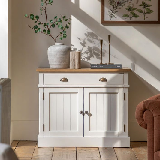 Gallery Direct Eton White Sideboard has 2 Cupboard Doors and 1 Top Drawer with metal handles, and a natural oak veneered top