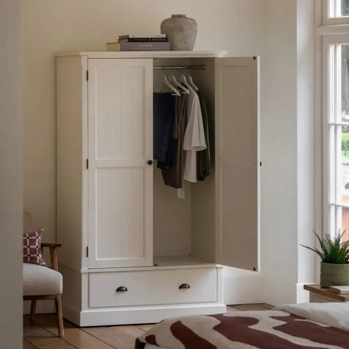 Gallery Direct Eton 2 Door Wardrobe features 1 Drawer in White Painted Pine Wood with generous hanging space