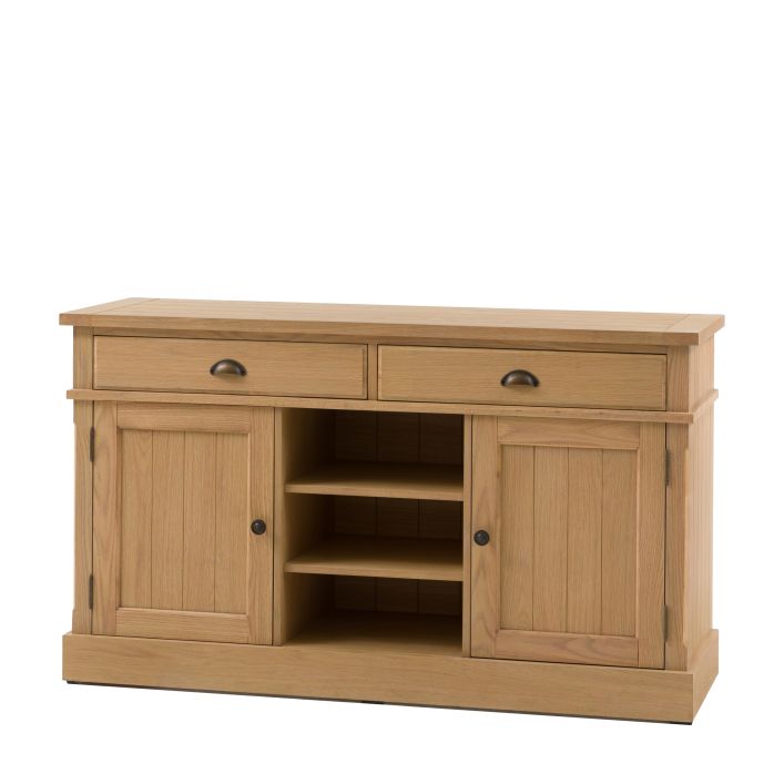 Gallery Direct Eton 2 Door 2 Drawer Sideboard in Natural oak wood and veneers, with grooved panelled doors and 3 middle open shelves