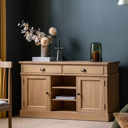 Gallery Direct Eton Sideboard in natural oak wood and veneers features 2 cupboards and 2 drawers, with 3 middle shelves