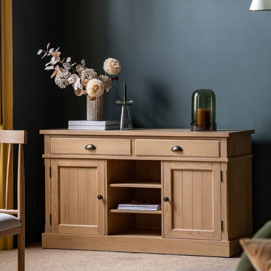 Gallery Direct Eton Sideboard in natural oak wood and veneers features 2 cupboards and 2 drawers, with 3 middle shelves