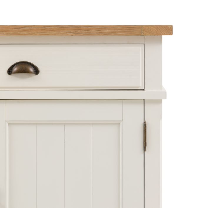 Gallery Direct Eton 2 Door 2 Drawer Sideboard in White wood with grooved panelled doors, metal handles and oak wood finished top 