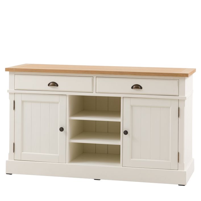 Gallery Direct Eton Sideboard in White, features 2 Side Cupboard Doors, 3 Central open shelves and 2 top drawers, with metal handles and an oak veneered top