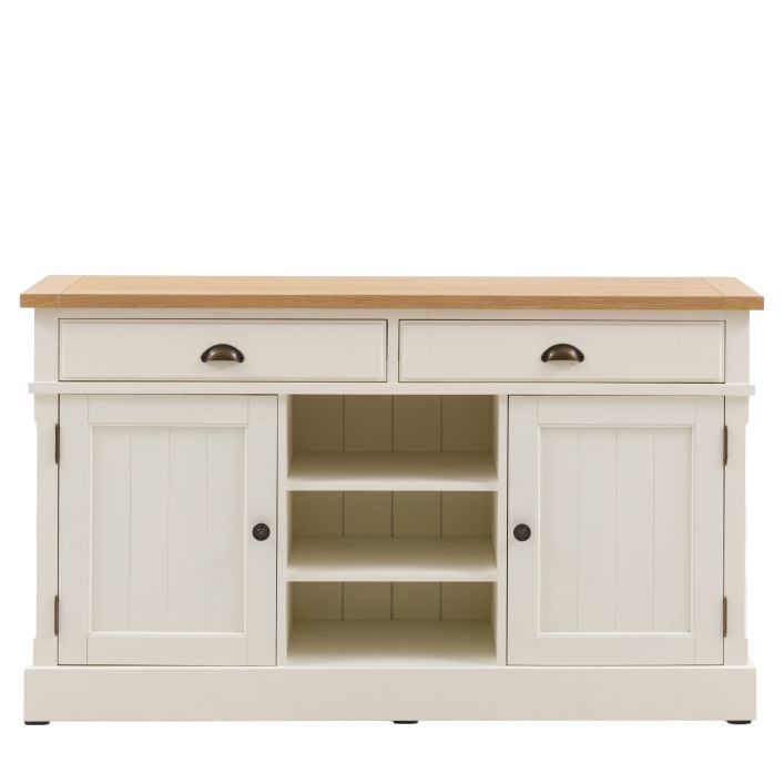 Gallery Direct Eton Sideboard has 2 Cupboard Doors, 3 Middle Shelves and 2 Top Drawers in White wood, with metal handles