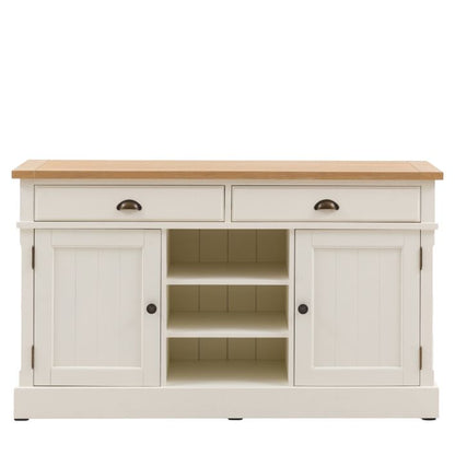 Gallery Direct Eton Sideboard has 2 Cupboard Doors, 3 Middle Shelves and 2 Top Drawers in White wood, with metal handles