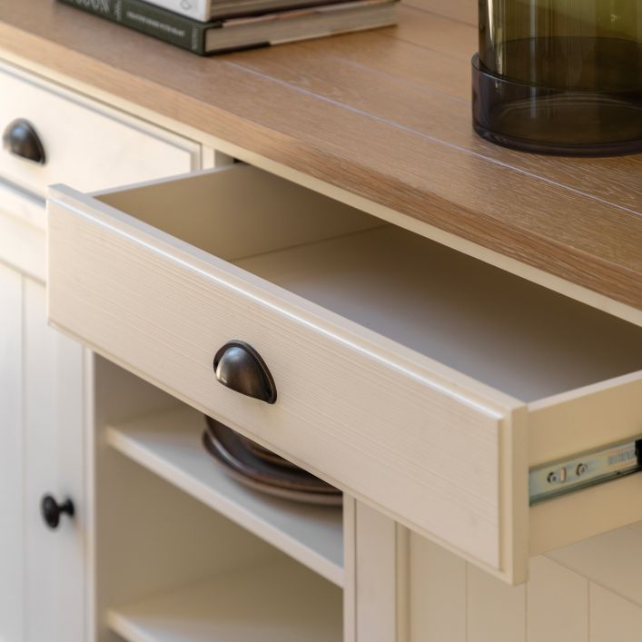 Gallery Direct Eton White Sideboard features 2 Doors and 2 Drawers with 3 middle shelves, and a natural oak veneered top