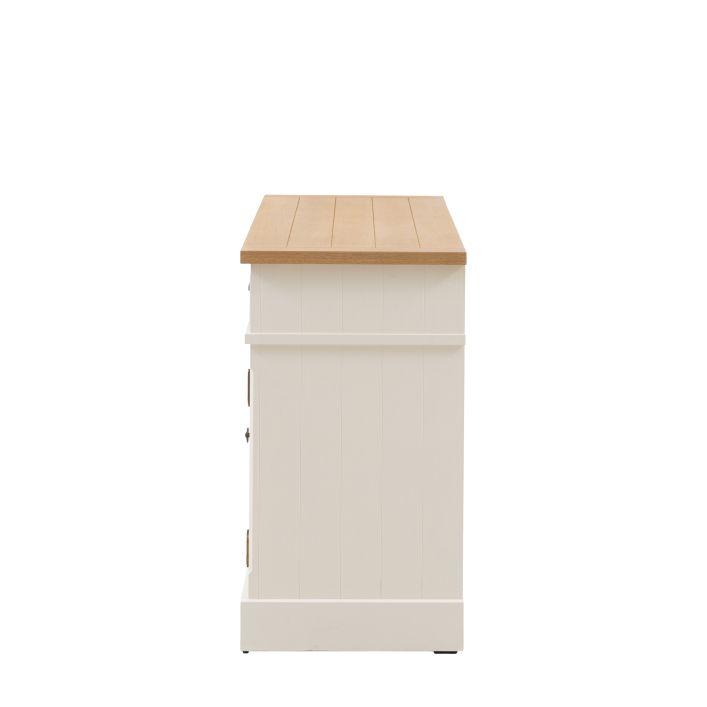 Gallery Direct Eton 2 Door 2 Drawer Sideboard in White wood with grooved panels and a grooved and planked oak veneered top  