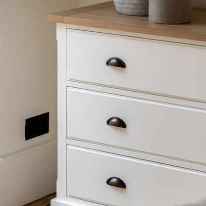 Gallery Direct Eton 3 Drawer Chest in White painted wood with metal pull handles, the oak effect wooden top features grooved and planked details