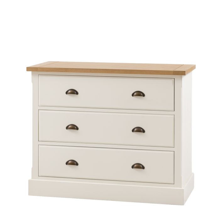 Gallery Direct Eton 3 Drawer Chest in White painted wood with metal handles and a natural oak effect top