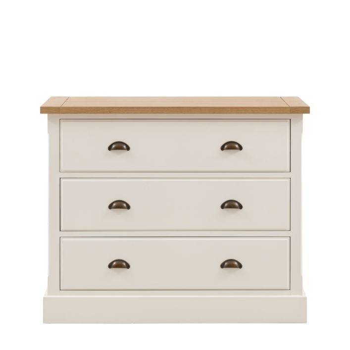 Gallery Direct Eton 3 Drawer Chest in White painted wood with metal pull handles, and a natural oak effect, grooved and planked top