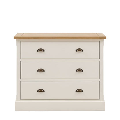 Gallery Direct Eton 3 Drawer Chest in White painted wood with metal pull handles, and a natural oak effect, grooved and planked top