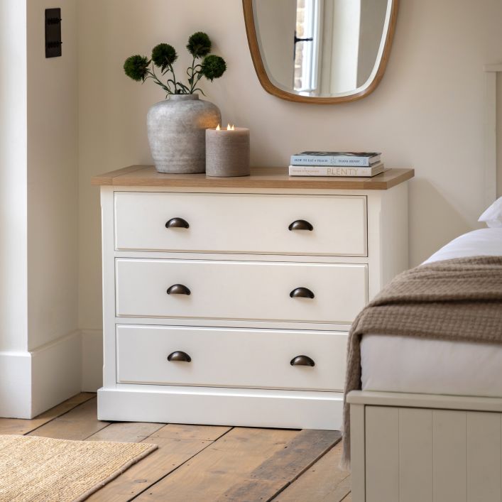 Gallery Direct Eton 3 Drawer Chest in White painted wood with a natural oak effect top and sturdy metal handles