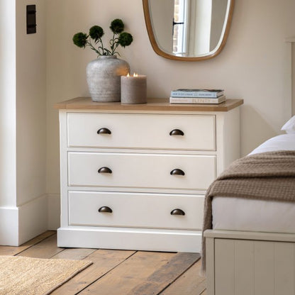 Gallery Direct Eton 3 Drawer Chest in White painted wood with a natural oak effect top and sturdy metal handles