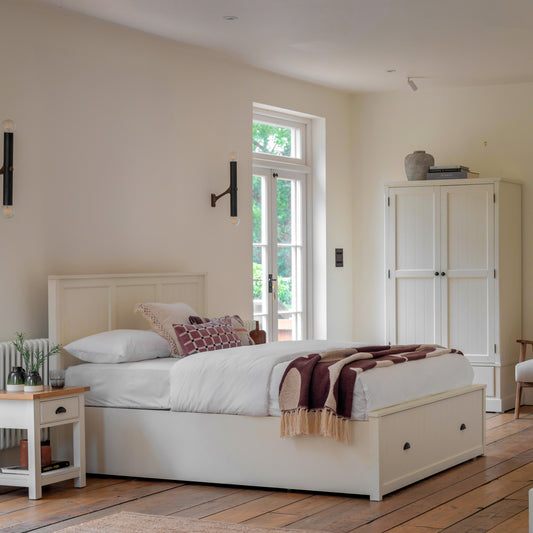 Gallery Direct Eton Double Storage Bed White styled in a bedroom
