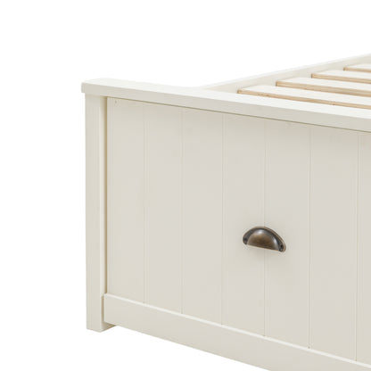 Detail of the Eton white bed storage drawer and metal handle