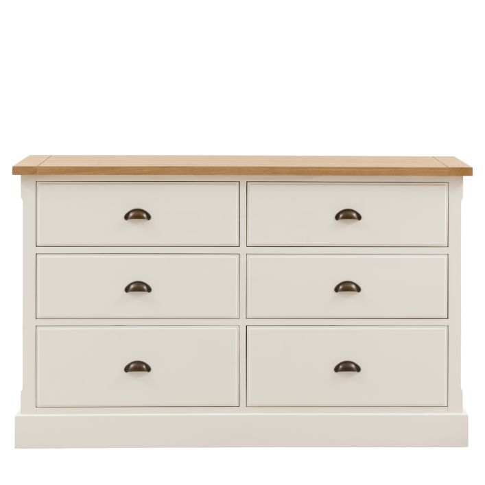 Gallery Direct Eton White 6 Drawer Chest with sturdy metal handles and a natural oak finish top with grooved detail
