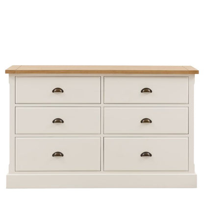 Gallery Direct Eton White 6 Drawer Chest with sturdy metal handles and a natural oak finish top with grooved detail