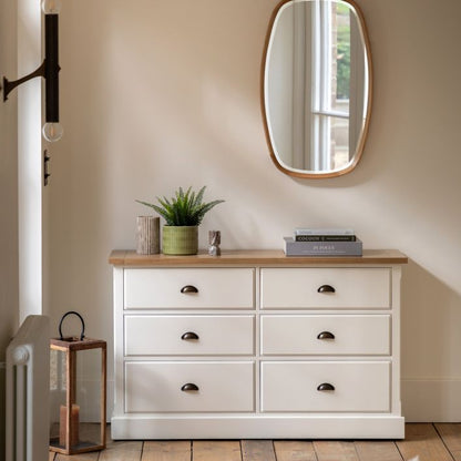 Gallery Direct Eton 6 Drawer Chest in White painted wood with metal pull handles and a natural oak wood finished top 