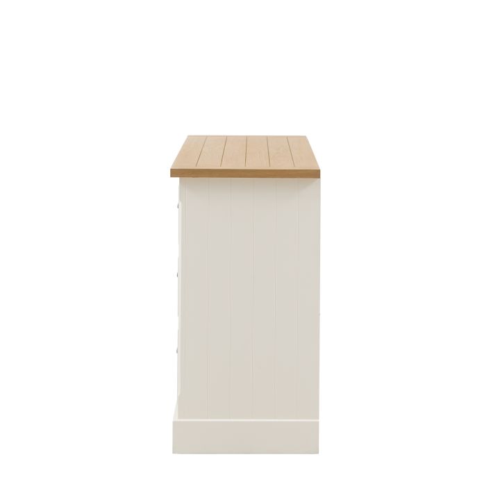 Gallery Direct Eton 6 Drawer Chest in White painted wood with grooved sides, the top is constructed from a mix of oak, pine and wood veneers with grooved and planked detail