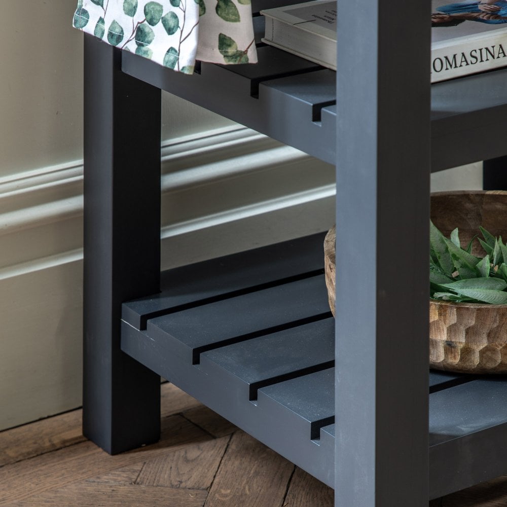 Gallery Direct Eton Butchers Block in Meteor features 2 lower slatted shelves, a top drawer with metal handle and 2 side hanging rails, complemented by a solid oak worktop