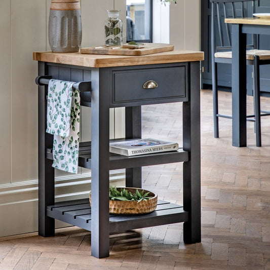 Gallery Direct Eton Butchers Block in Meteor with a solid oak wood top, 1 top drawer and 2 lower shelves, with side hanging rail