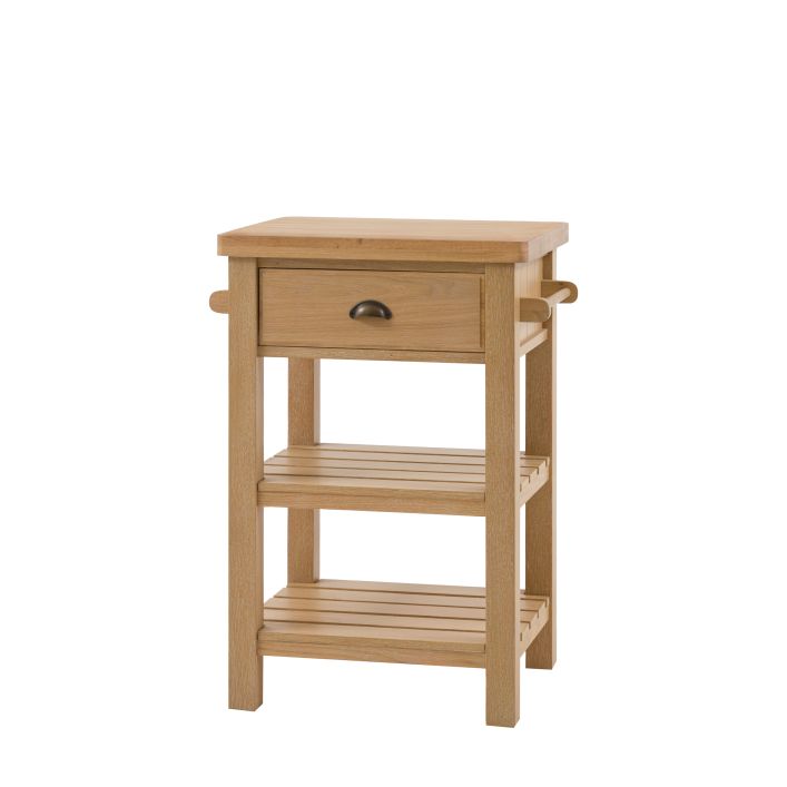 Gallery Direct Eton Butchers Block in Natural oak, pine and wood veneered frame with a solid oak wood worktop. 1 drawer with metal handle, side hanging rails and lower shelving