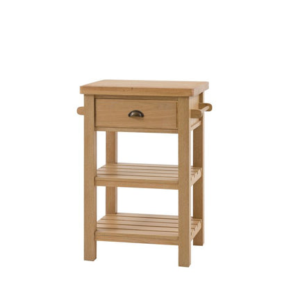 Gallery Direct Eton Butchers Block in Natural oak, pine and wood veneered frame with a solid oak wood worktop. 1 drawer with metal handle, side hanging rails and lower shelving