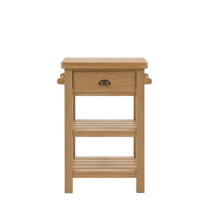 Gallery Direct Eton Butchers Block in a Natural wood frame with 1 drawer, 2 shelves and 2 hanging rails, with a solid oak worktop