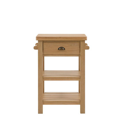 Gallery Direct Eton Butchers Block in a Natural wood frame with 1 drawer, 2 shelves and 2 hanging rails, with a solid oak worktop