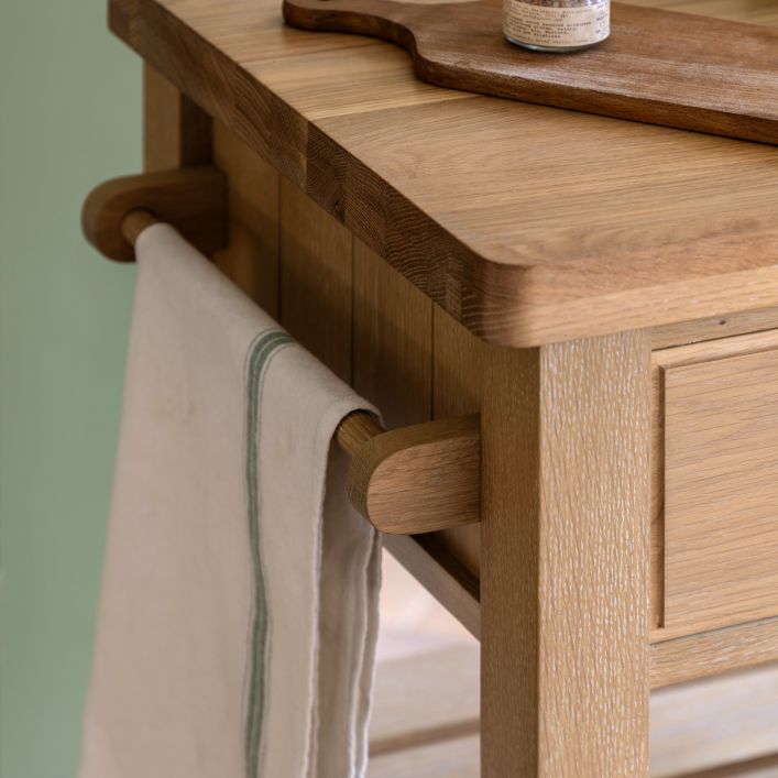 Gallery Direct Eton Butchers Block in Natural coloured wood, with side hanging rails and a chunky solid oak worktop