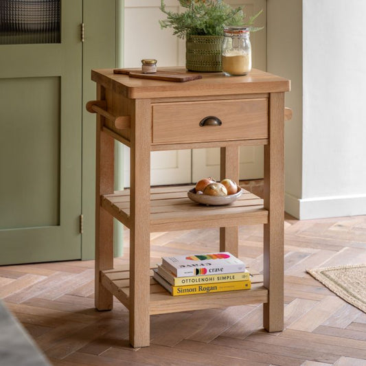 Gallery Direct Eton Butchers Block is constructed from a mix of pine, oak and veneers and features a solid oak worktop in a Natural colour. 