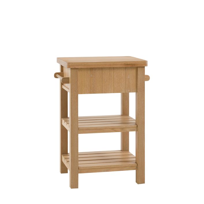 Gallery Direct Eton Butchers Block constructed in Natural oak, pine and veneers with a solid oak worktop. Side hanging rails and lower planked shelving 