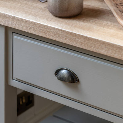 Gallery Direct Eton Butchers Block in Prairie features a natural colour solid oak worktop, 1 top drawer with metal handle and 2 lower shelves