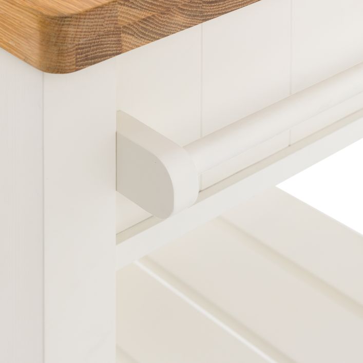 Gallery Direct Eton Butchers Block in White painted wood with a natural oak worktop. Features side hanging rails and lower shelves