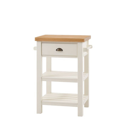 Gallery Direct Eton Butchers Block features a solid oak worktop and white painted wood frame with 1 drawer, 2 hanging rails and 2 lower planked shelves