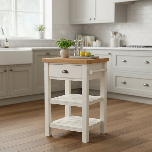 Gallery Direct Eton Butchers Block in White painted wood with a natural solid oak worktop features 1 drawer, 2 lower shelved and 2 side hanging rails 