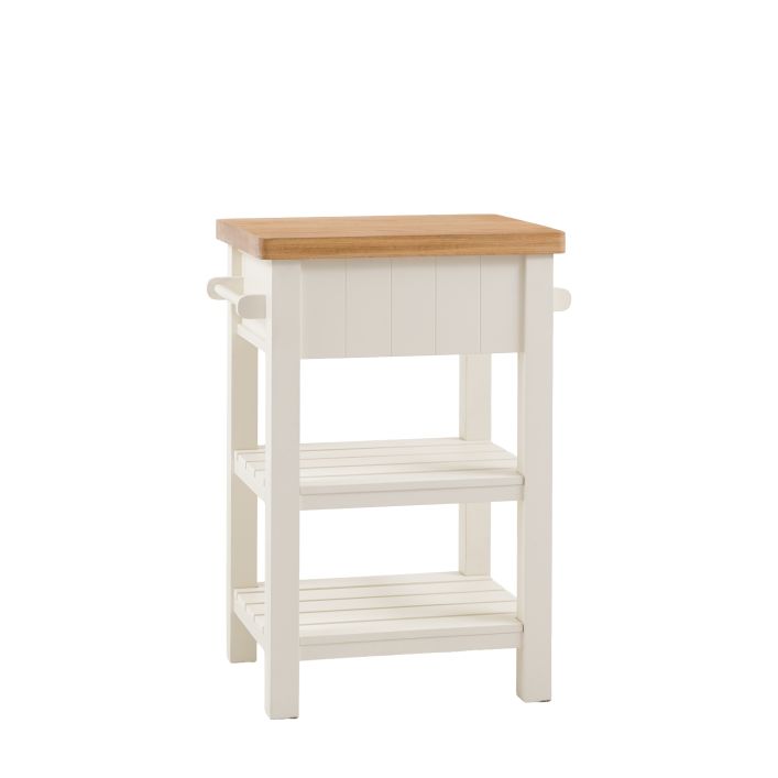 Gallery Direct Eton Butchers Block in a painted white wood frame with 1 drawer, shelves and side hanging rails, plus a solid oak worktop