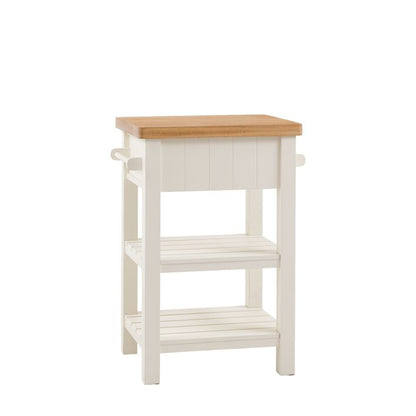 Gallery Direct Eton Butchers Block in a painted white wood frame with 1 drawer, shelves and side hanging rails, plus a solid oak worktop