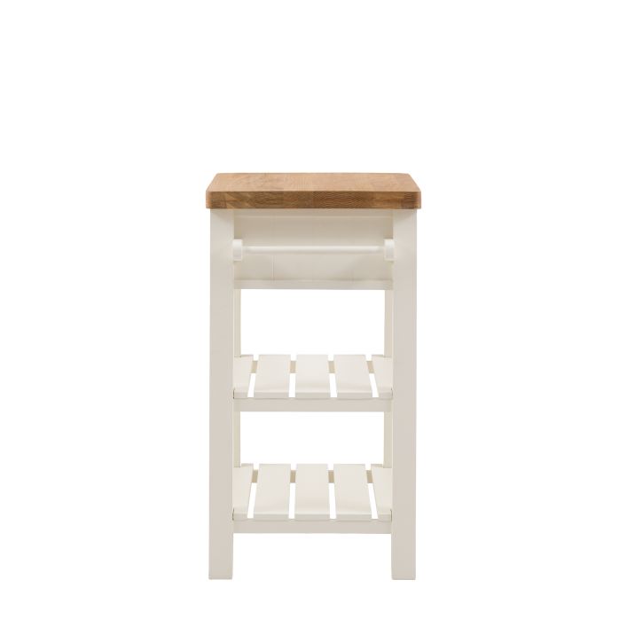 Gallery Direct Eton Butchers Block in White with a natural oak worktop, 2 side hanging rails and 2 lower shelves